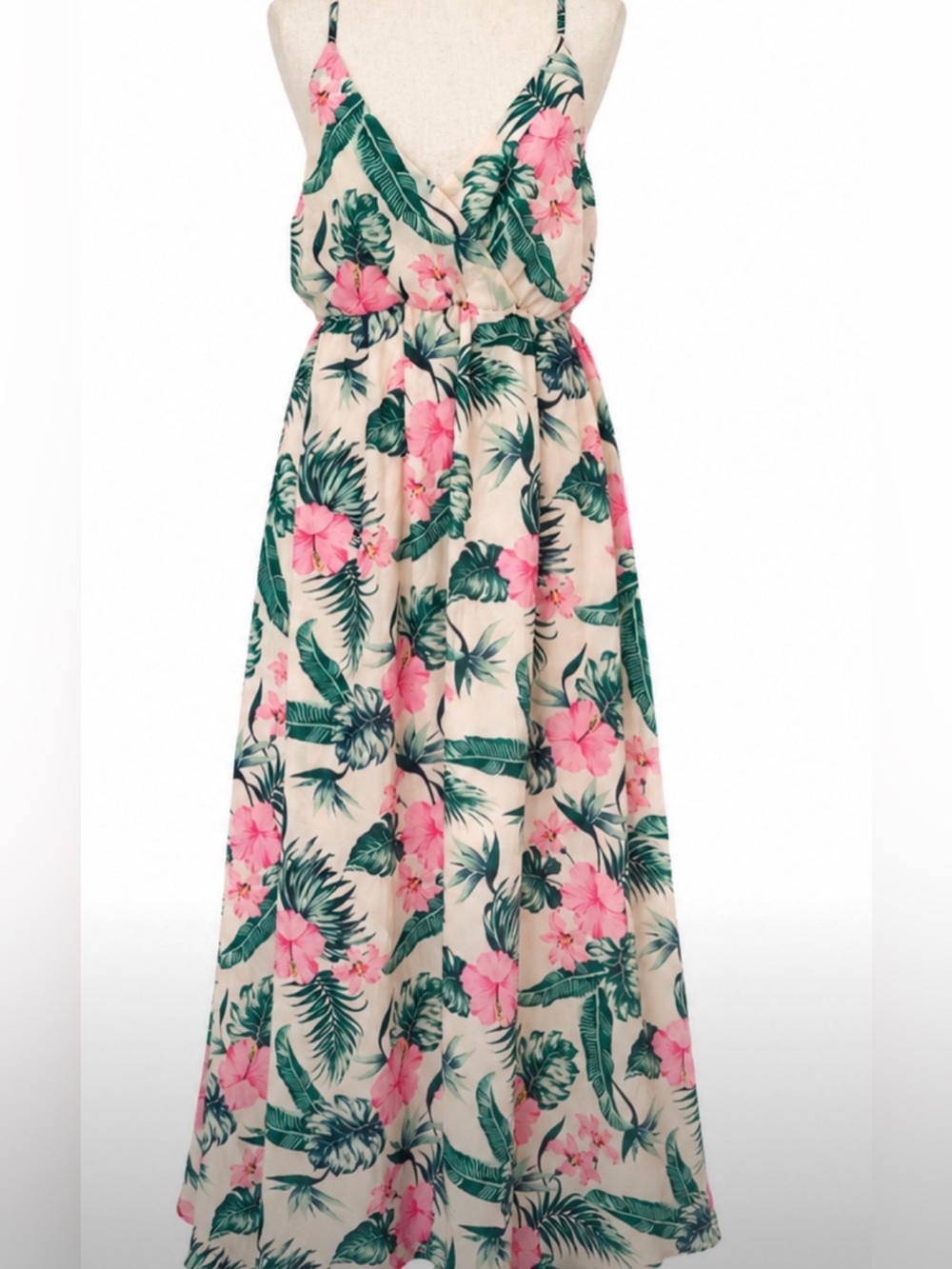 Tropical Floral Maxi Dress Pink Palm Smocked Back XL Coastal Romantic Vacation
